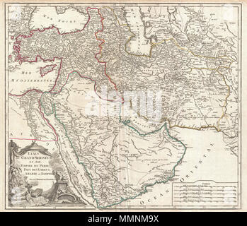 . Englisch: Das ist Robert de Vaugondy der spektakulären 1753 Karte des Osmanischen Reiches. Vaugondy Karten das Imperium auf der Höhe, mit Gebiet spanning vom Schwarzen Meer bis zum südlichsten Ausdehnung von Arabien und West, inklusive der Perser, soweit das mongolische Reich von Indien. Umfasst die modernen Nationen der Türkei, Ägypten, Saudi-Arabien, Oman, Jemen, den Vereinigten Arabischen Emiraten, Iran, Irak, Kuwait, Israel, Palästina, Jordanien, Syrien, Libanon, Armenien, Aserbaidschan, Georgien, und Teile von Afghanistan, Pakistan, Indien, Usbekistan, und Griechenland. Vaugondy beschäftigt alle der neuesten geografische Informationen Stockfoto