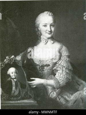 Deutsch: Herzogin Friederike Dorothee Sophie von Württemberg (1736-1798), Gemahlin Herzog Friedrich Eugens mit Bildnis des späteren König Friedrich Englisch: Markgräfin Sophia Dorothea von Brandenburg-Schwedt Holding ein Portrait von ihr Sohn Friedrich I. von Württemberg. 1760. Friederike Dorothee Sophie Stockfoto