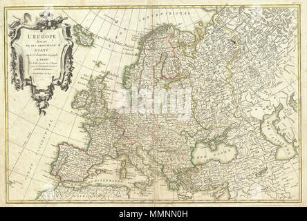 . Englisch: Ein schönes Beispiel für die dekorative Jean Janvier Karte von Europa. Abdeckungen von Island bis zum Kaspischen Meer und von Nordafrika in die Arktis. In die Länder und Königreiche mit Farbkennzeichnung nach Region unterteilt. Für ausgezeichnete Details im gesamten, Berge, Flüsse, Wälder, nationale Grenzen, regionale Grenzen, Festungen und Städte. Eine große dekorative Titel Kartusche erscheint in der oberen linken Quadranten. Von Jean Janvier 1762 Für die Ausgabe als Platte Nr. gezeichnet 2 in Jean Lattre Edition 1776 der Atlas Moderne. L'Europe divisee en ses Principaux Etats.. 1762 (veraltet). Stockfoto