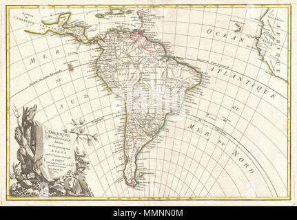 . Englisch: Ein schönes Beispiel für die dekorative Jan's Janvier 1762 Karte von Südamerika. Abdeckungen von der Insel Hispaniola und der Yucatan Süd bis Feuerland und Kap Horn, Osten, nach Afrika, und im Westen an Mexiko. Details des gesamten Südamerikanischen Kontinents zeigen, Berge, Flüsse, nationale Grenzen, Städte, Regionen und Stämmen. Identifiziert die mythische Laguna de Xarayes, Tor zum Paradies oder El Dorado, wie das nördliche Ende des Paraguay Fluss. Auch Links fälschlicherweise den Amazonas und Orinoco Flüsse. Eine große dekorative Titel Kartusche erscheint in der linken unteren quadran Stockfoto