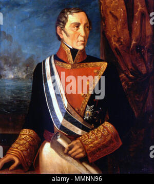 . Español: Retrato del Marino español Francisco Javier De Uriarte y Borja (1753-1842), Que combatió en La Batalla de Trafalgar y llegó a ser capitán General de la Real Armada Española. El retratado aparece de Pie y de Medio vistiendo el cuerpo y uniforme Pequeño de capitán General de la Real Armada, con las abiertas solapas a la Moda de la época de la Reina Isabel II de España. Además, lleva una carta de la mano y Luce en el pecho la cruz de Caballero de la Orden de Santiago y las Bandas y de las Placas ordenes de Carlos III y de San Hermenegildo. Francisco Javier De Uriarte y Borja. 1853. F Stockfoto