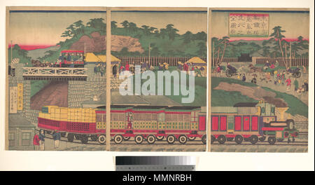 JP 3348 http://www.metmuseum.org/art/collection/search/55513 Artist: Utagawa Kuniteru, Japanisch, 1830?1874, Tokio/Takanawa Steam Railway, 1879 (meiji 3, 2 Monat), Triptychon von polychrome Holzschnitte; Tinte und Farbe auf Papier, Oban; 14 3/16 x 30 in. (36 x 76,2 cm). Das Metropolitan Museum of Art, New York. Geschenk von Lincoln Kirstein, 1959 (JP 3348) 東京高輪鉄道蒸気車走行之全図 - Tokio - Takanawa Steam Railway MET DP 147710 Stockfoto