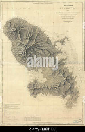 . Englisch: eine schöne Französische nautische Karte oder Karte von Martinique im Jahre 1831 ausgestellt vom Depot de la Marine. Prächtige Detail sowohl im Landesinneren auf See. Es gibt Gräfin Tiefenangaben sowie Hinweise auf undersea Features wie Banken und Untiefen. Ebenso beeindruckend Detail im Binnenland mit wunderschön gravierten Topographie im gesamten Gebäude. Heute Martinique, mit seinen französischen Karibik Kultur, üppige Regenwälder, und atemberaubenden Stränden gilt als Juwel der Karibik. Von M.Monnier und M. Le Bourguignon-Duperre für die Depot - General de la Marine im Jahre 1831 herausgegeben. Carte Generale de la Maritinique.. 183 Stockfoto