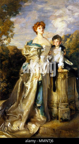 . Englisch: 1905 Ölgemälde von John Singer Sargent Frances Evelyn Maynard, 'Daisy Greville", Gräfin von Warwick, (1861-1938) und ihr Sohn Maynard Greville (1898-1960) hervorbringen von Joseph Laycock, sie Frau Francis Greville, Herr Brooke. Daisy Greville, alleinige Begünstigte der Maynard vermögen, und von Easton Lodge, ein wenig Easton, Essex, war ein englischer Kurtisane und Gesellschaftslöwe, machte später Champagner sozialistischen. Lady Warwick und ihrem Sohn. 1905. 'Daisy' Greville, Gräfin von Warwick, und Sohn Maynard, von John Singer Sargent (1905) Stockfoto