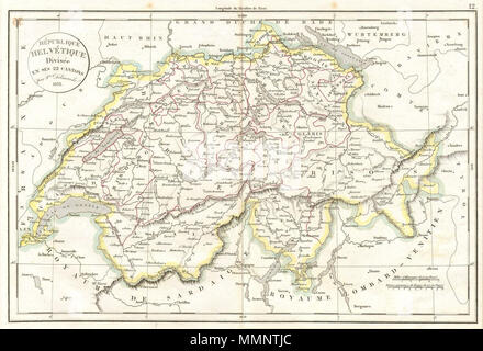 . Englisch: Diese Hand farbigen Karte ist eine Kupferplatte Gravur, dating bis 1832 von dem bekannten französischen mapmaker Delamarche. Es ist eine Vertretung der Schweiz. Republique Helvetique Divisee en ses 22 Kantonen. 1832. 7 1832 Delamarche Karte der Schweiz - Geographicus - Schweiz - d-32 Stockfoto