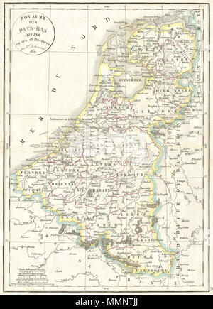 . Englisch: Diese Hand farbigen Karte ist eine Kupferplatte Gravur, dating bis 1832 von dem bekannten französischen mapmaker Delamarche. Es ist eine Darstellung von Holland und Belgien. Royaume des Pays-bas divise en ses 18 Provinzen. 1832. 7 1832 Delamarche Karte von Holland und Belgien - Geographicus - HollandBelgium-d-32 Stockfoto