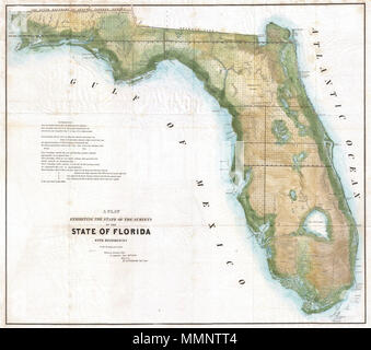 . Englisch: Eine äußerst seltene Variante der Landesvermessung Karte 1849 von Florida. Geographisch diese Karte entspricht dem 1848 Butler Ausgabe dieser Karte, aber trägt die Putnam Impressum und 1849 Datum Überdrucken zu einem früheren Zeitpunkt vom Oktober und der Butler Impressum. Damit diese Karte wurde wahrscheinlich kurz nach dem Übergang von Butler zu Putnam im Büro der Surveyor allgemein, noch bevor Putnam in der Lage war, seine eigenen Karten erstellen. Diese Karte stellt den Zustand der Landesvermessung in Florida zum 30. September 1849. Zeigt den Zustand in mehrere Hundert nummerierten plats unterteilt, s Stockfoto