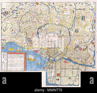 . Englisch: Diese außergewöhnliche los ist eine Hand gefärbt Edo Periode Holzschnitt Karte von Edo, oder Tokio, Japan. Beeindruckende Größe und Detail. In der Mitte des 19. Jahrhunderts japanischen Holzschnitt Stil produziert, diese Karte ist eine seltene Kombination von praktischen und dekorativen. Schiffe und Wellen schmücken den Hafen und es gibt keine bestimmte direktionale Orientierung. Alle Text scheint aus der Mitte der Karte zu strahlen. Falten in die ursprüngliche Sideboards. Ein Muss für jeden ernsthaften Sammlung japanischer Kartographie. Edo.. 1849. 7 1849 Edo-zeit Japanischer Holzschnitt Karte von Edo oder Tokyo Japan - Geographicus-Edo-Japan-1849 Stockfoto