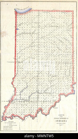 . Englisch: Diese wunderschöne Karte von Indiana war für die USA Land Umfrage Office unter der Leitung von D. Mc Clelland ausgestellt. Es ist offiziell mit dem Titel "Skizze der öffentlichen Umfrage in Indiana". Im Südosten, in der Nähe von Louisville, Clark's Grant ist beschriftet. Dies war das Gebiet von Thomas Jefferson in Virginia Soldaten und Offiziere, die in der revolutionären Krieg gekämpft. Diese große Karte zeigt den Zustand von Indiana in Messe Detail mit besonderem Augenmerk auf Flüsse und Wasserstraßen. Eine außergewöhnliche und seltene frühe Landkarte dieser Region. Skizze der öffentlichen Umfrage in Indiana. 1850. 8 1850 Pub Stockfoto