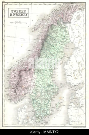 . Englisch: Ein schönes Beispiel für Adam und Charles schwarze Karte von Skandinavien. Besteht aus den skandinavischen Staaten Norwegen und Schweden zusammen mit Teilen von Dänemark und Finnland. Feine original Hand Tönung in grün und lila Pastell. Von S. Hall für die Ausgabe 1851 der Schwarze General Atlas eingraviert. Schweden und Norwegen. 1851 (undatiert). 8 1851 Schwarze Karte von Norwegen und Schweden (Skandinavien) - Geographicus-norwegisch-schwarz-51 Stockfoto