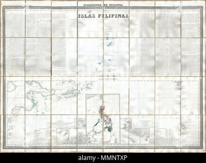 . Englisch: Diese wunderschöne 1852 Handcolorierte fall Karte der Philippinen wurde von Dr. Morata und Francisco Coello von Madrid ausgestellt. In 32 Mäheinheiten auf Leinen befestigt. Deckt die philippinischen Inseln und die Gesamtheit der spanischen Besitzungen in Ozeanien. Vielleicht das beste und detaillierteste Karte aus dem 19. Jahrhundert von den Philippinen überhaupt veröffentlicht. Kommt mit original Bettwäsche Slip Case, und legen Sie eine Beschriftung für Publisher. Hinweis: Diese Karte wurde Teil der drei Karte Problem für die Gesamtheit der Philippinen. Islas Filipinas, Posesiones de Ozeanien. 1852. 8 1852 Coello - Morata Fall Karte der Philippinen Nr. 3 - Stockfoto