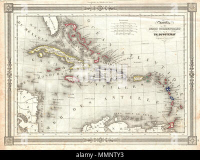 . Englisch: Eine attraktive 1852 Karte der West Indies von Th. Duvotenay. Abdeckungen von Florida bis Venezuela und von Honduras nach Barbados. Enthält die Bahamas, Kuba, Jamaika, Santo Domingo (Hispaniola), Porto Rico, und die Kleinen Antillen oder Windward Inseln. Im gesamten, Duvotenay identifiziert verschiedene Städte, Dörfer, Flüsse und eine Auswahl an zusätzlichen topographischen Details. Mit einem neoklassischen dekorative Grenze. Durch Th vorbereitet. Duvotenay für die Veröffentlichung als Platte. 32 im Maison Basset's Edition 1852 der Atlas Illustre. Antillen ou Indes Occidentales par Th. Doutovenay.. 1852 (undatiert). 8 1 Stockfoto