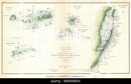 . Englisch: Dies ist eine 1853 triangulation Diagramm der Biscayne Bay, Key West, Bahia Honda, die Zeder Tasten und die Dry Tortugas von der US-Küstenwache produziert. Im Wesentlichen fünf Karten auf ein einzelnes Blatt zusammengestellt. Linke obere Karte auf Key West, Florida konzentriert, und die umliegenden Inseln. Obere rechte Karte Details Key Biscayne Bay, südlich von Miami und nördlich von Key Largo. Andere Karten zeigen die Cedar Keys, die Dry Tortugas und Bahia Honda. Unter der Aufsicht von A. D. Bache für das Jahr 1853 Bericht der Superintendant der US-Küstenwache vorbereitet. Skizze F Nr. 3 zeigt den Fortschritt der Surv Stockfoto