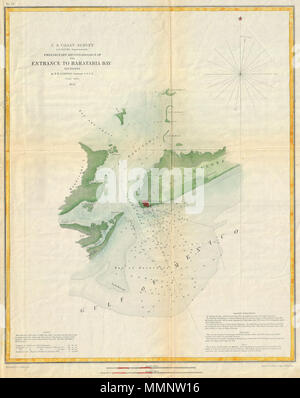 . Deutsch: Dies ist ein attraktives 1853 U.S. Coast Survey Chart oder nautische Karte oder Barataria Bay, Louisiana. Abdeckungen von Grand Isle und Bayou Rigaud ostwärts Vergangenheit Fort Livingston und Forstall der Plantage. Erstreckt sich nach Norden Vergangenheit Bettelmönch Insel die Unabhängigkeit der Insel und die Bucht aux Chats. Enthalten sind Hinweise auf die Gezeiten in der unteren linken Quadranten und segelanweisungen in der unteren rechten. Barataria Bay, südlich von New Orleans, ist Teil der Reihe von Sümpfen, Schächte und Kanäle, die den Mississippi River Delta. Im frühen 19. Jahrhundert diese Bucht verwendet als Basis für die privateers Led b Stockfoto