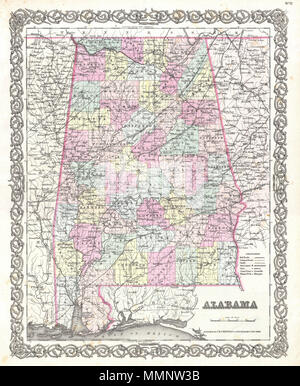 . Englisch: Eine schöne 1855 Erste Ausgabe Beispiel Coltons Karte von Mississippi. Deckt den gesamten Staat sowie angrenzende Teile von Georgia und Mississippi. Wie die meisten Coltons state Maps, diese Karte ist weitgehend von einer früheren Karte von Nordamerika produziert von Colton und D. Griffing Johnson abgeleitet. Colton identifiziert verschiedene Städte, Städte, Festungen, Flüsse, Stromschnellen, Furten, und eine Auswahl an zusätzlichen topographischen Details. Karte ist von Hand eingefärbt in den Farben rosa, grün, gelb und blau Pastell Grafschaft und staatliche Grenzen zu definieren. Durch Coltons typischen Spirale Motiv Rahmen umgeben. Veraltet und Kopieren Stockfoto