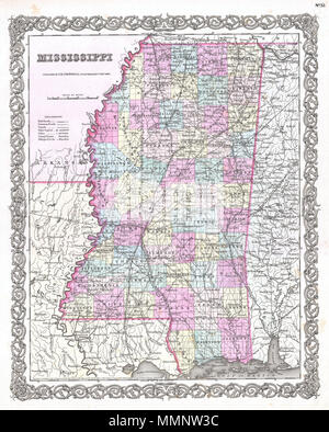 . Englisch: Eine schöne 1855 Erste Ausgabe Beispiel Coltons Karte von Mississippi. Deckt den gesamten Staat sowie angrenzende Teile von Louisiana und Alabama. Wie die meisten Coltons state Maps, diese Karte ist weitgehend von einer früheren Karte von Nordamerika produziert von Colton und D. Griffing Johnson abgeleitet. Colton identifiziert verschiedene Städte, Städte, Festungen, Flüsse, Stromschnellen, Furten, und eine Auswahl an zusätzlichen topographischen Details. Karte ist von Hand eingefärbt in den Farben rosa, grün, gelb und blau Pastell Grafschaft und staatliche Grenzen zu definieren. Durch Coltons typischen Spirale Motiv Rahmen umgeben. Veraltet und copyri Stockfoto