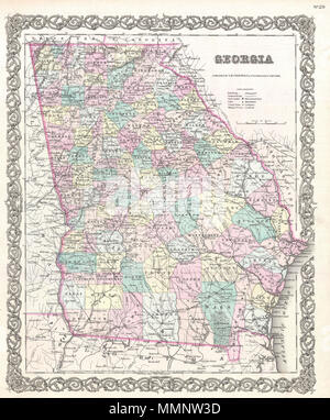 . Englisch: Eine schöne 1855 Erste Ausgabe Beispiel Coltons Karte von Georgien. Deckt den gesamten Staat sowie angrenzende Teile von Florida und Alabama. Wie die meisten Coltons state Maps, diese Karte ist weitgehend von einer früheren Karte von Nordamerika produziert von Colton und D. Griffing Johnson abgeleitet. Colton identifiziert verschiedene Städte, Städte, Festungen, Flüsse, Stromschnellen, Furten, und eine Auswahl an zusätzlichen topographischen Details. Karte ist von Hand eingefärbt in den Farben rosa, grün, gelb und blau Pastell Grafschaft und staatliche Grenzen zu definieren. Durch Coltons typischen Spirale Motiv Rahmen umgeben. Veraltet und urheberrechtlich geschützt Stockfoto