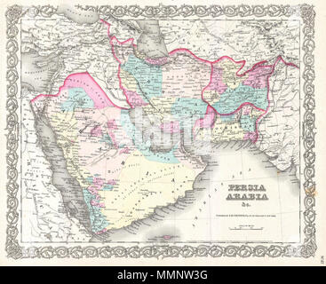 . Englisch: Eine schöne 1855 Erste Ausgabe Beispiel Coltons Karte von Persien, Arabien und Afghanistan. Abdeckungen vom Mittelmeer Ost nach Indien und Südamerika alle von Arabien an den Eingang des Roten Meeres gehören. Umfasst die angrenzenden Teile von Ägypten, Abessinien, der Türkei, Indien und Ostturkestan. In dieser frühen Ausgabe der Karte Afghanistan in Afghanistan und Beloochistan unterteilt ist. Später Ausgaben der Provinzen vereinen und cabool als alternativen Namen für Afghanistan fallen. In der gesamten Karte, Colton identifiziert verschiedene Städte, Städte, Festungen, Flüsse, Wüste, Oasen, und eine Auswahl an weitere topografische Stockfoto