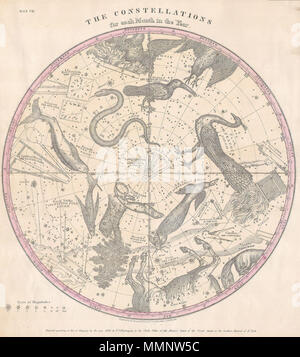 . Englisch: Diese seltene Hand farbigen Karte der Sterne der südlichen Hemisphäre wurde graviert W. G. Evans von New York für Burritt's Edition 1856 der Atlas die Geographie der Himmel zu illustrieren. Es stellt den Nachthimmel und Konstellationen der südlichen Hemisphäre. Sternbilder sind detailliert gezeichnet und gehören Darstellungen der Tierkreiszeichen Zahlen sind die Sterne sagte zu vertreten. Inbegriffen in diesem Diagramm sind Hydra (die Schlange), Dorado (das Schwert Fisch), Pavo (Pfau) und der Zentaur. Chart ist geviertelt mit Linien, die die Solstitial und Equinoctial Colures. Diese Karte, wie alle der Bu Stockfoto