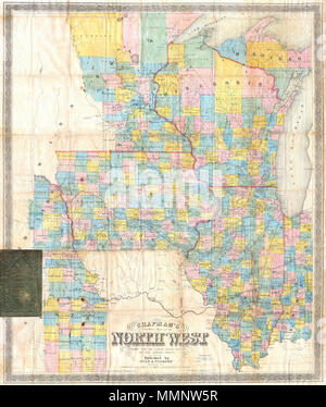 . Englisch: Angeboten wird eine überaus seltene pocket Ausgabe Karte der Staaten Illinois, Iowa und Wisconsin, mit Teilen von Michigan, Minnesota, Nebraska und Kansas. Gedruckt in 1857 von Silas Chapman und seiner Nachfolger, Dyer & Pasmore. Diese seltene Karte zeigt die Region ausführlich in Bezug auf politische und geographische Merkmale, sowie auf Eisenbahnen, Kanäle und Brücken. Mehrere amerikanische Indianerreservate festgelegt, einschließlich der Chippewa, Menominee und Oneida. Der Norden ist in der Regel weitgehend überdimensioniert und Leeren der Siedlung. Flach gelagert sondern faltet sich in Herkunft Stockfoto