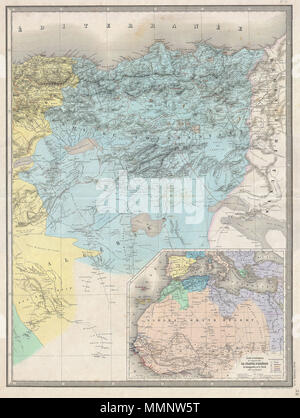 . Englisch: Eine äußerst attraktive und monumental Karte 1857 von Konstantin, Algerien proportioniert durch die Französische Kartograph A. H. Dufour. Zeigt Straßen, Flüsse, Karawanen, Städte, und topographischen Eigenschaften. Eine große Einfügung im unteren rechten Quadranten details europäische Betriebe in Nordafrika. Von Charles Dyonnet als Platte Nr. vorbereitet 44 (abwechselnd Nummern 21 und 28) in A. H. Bavaria's 1857 herausgegeben von der beeindruckenden Elephant Folio Atlas Universel. Untitled.. 1857 (undatiert). 8 1857 Dufour Map von Constantine, Algerien - Geographicus - Constantine - Bavaria-1847 Stockfoto