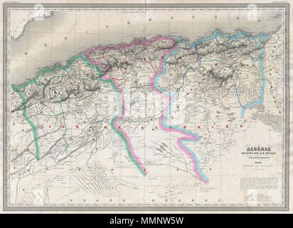 . Englisch: Eine äußerst attraktive und monumental Karte 1857 von Algerien proportioniert durch die Französische Kartograph A. H. Dufour. Algerien ist dargestellt in den Landkreisen von Oran, Alger und Konstantin unterteilt. Zeigt Straßen, Flüsse, Karawanen, Städte, und topographischen Eigenschaften. Außerdem verschiedene detaillierte nautische Routen zwischen verschiedenen algerischen Städte und Europa. Durch Dyonnet als Platte Nr. vorbereitet 37 in A. H. Bavaria's 1857 herausgegeben von der beeindruckenden Elephant Folio Atlas Universel. Algerie.. 1857 (undatiert). 8 1857 Bavaria Karte von Algerien - Geographicus - Algerie - Bavaria 37 -1857 Stockfoto