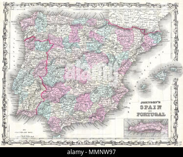 . Englisch: Dies ist Johnson und Ward's Karte 1862 von Spanien und Portugal. Abdeckungen der Region mit besonderem Augenmerk auf Transport, Städte und Flüsse. Unterer rechter Quadrant hat eine Übersichtkarte von Gibraltar. Enthält die Baleareninsel Ibiza, Mallorca und Menorca. Mit der Multifunktionsleiste stil Grenze gemeinsame zu Johnson von Atlas Arbeiten von 1860 bis 1862. Stahlplatte Gravur von A.J.Johnson für die Veröffentlichung als Platte Nr. vorbereitet 75 In der Ausgabe 1862 seines neuen Bildatlas… Dies ist die erste Ausgabe des Johnson Atlas der Johnson und Ward Impressum zu tragen. Johnson's Spanien und Portu Stockfoto