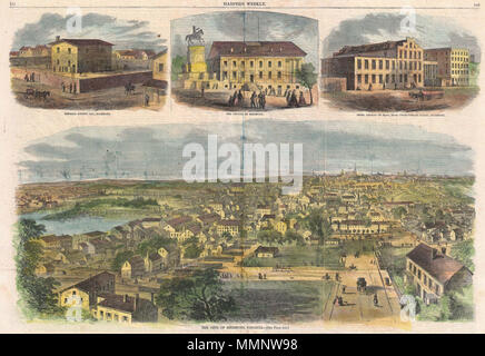 . Englisch: Dies ist eine seltene und attraktive Aussicht von Richmond, Virginia in der Mai Ausgabe 1862 von Harper's Weekly gedruckt. Zeigt Richmond kurz nach wurde es von der Union Armee nahe Ende der Halbinsel Kampagne während des Amerikanischen Bürgerkriegs beschlagnahmt. Union Truppen marschieren gezeigt, der Hauptstraßen nach oben und unten. Über der richtigen gibt es drei kleinere Ansichten, Henrico County Gefängnis, das Kapitol, und der Rebel Gefängnisse auf der Main Street. Die Stadt von Richmond, Virginia. 1862 (veraltet). 9 1862 Harper's Weekly Bürgerkrieg Ansicht von Richmond, Virginia - Geographicus - Richmond - harpersweekly-1862 Stockfoto