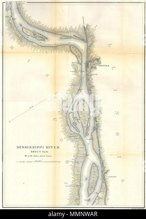 . Englisch: Das ist eine schöne Hand gefärbt 1865 United States Rippenbögen Umfrage Karte eines Teils des Mississippi Flusses um, Chester Illinois. Blatt 6 von 6 Blatt eingestellt, die den Mississippi River von Kairo aus Illinois zu St. Mary's Missouri. Die Kurven in den Fluss benannt sind, genauso wie die vielen Fluss Inseln gezeigt. Hinweise Städte, Holz lose, Anlandungen und Bauernhöfe, von denen viele mit der Familie Namen dargestellt. Unter der Aufsicht von A. D. Bache 1865 produziert. Professionell rebacked und wunderschön gefärbt. MIssissippi River um Chester, Illinois. 1865. 9 1865 U.S.C.S. Karte von t Stockfoto