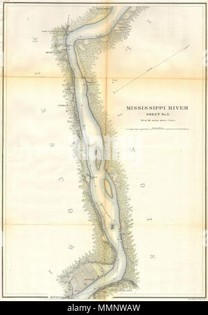 . Englisch: Das ist eine schöne Hand gefärbt 1865 United States Rippenbögen Umfrage Karte eines Teils des Mississippi Flusses zwischen Illinois und Missouri, ungefähr zwischen 78 und 96 Meilen über Kairo, Illinois. Blatt fünf von sechs Blatt eingestellt, die den Mississippi River von Kairo aus Illinois zu St. Mary's Missouri. Die Kurven in den Fluss benannt sind, genauso wie die vielen Fluss Inseln gezeigt. Hinweise Städte, Holz lose, Anlandungen und Bauernhöfe, von denen viele mit der Familie Namen dargestellt. Unter der Aufsicht von A. D. Bache 1865 produziert. Professionell rebacked und wunderschön gefärbt. Mississippi Ri Stockfoto