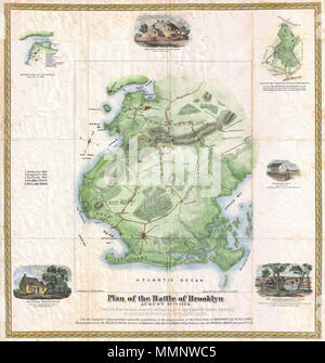 . Englisch: Eine äußerst attraktive dekorative Plan von Brooklyn, New York 1867 von Samuel Edward Zauntritte gezeichnet. Für wichtige Geschichte Stiles' in Brooklyn, diese seltene Karte versucht, 27. August 1776 veranschaulichen, revolutionären Krieg Schlacht von Brooklyn. Dies war die erste große Schlacht im Amerikanischen Unabhängigkeitskrieg und der britischen Eroberung von New York City. Farbcodierte Truppenbewegungen, Festungen, und Fahrbahnen zu zeigen. Durch sechs dekorativen Vignetten einschließlich einer Einfügung des "britischen Bahnen der Besetzung Form 1776 bis 1783", Howard's Hälfte Haus, einen Plan des Friedhofs o Umgeben Stockfoto