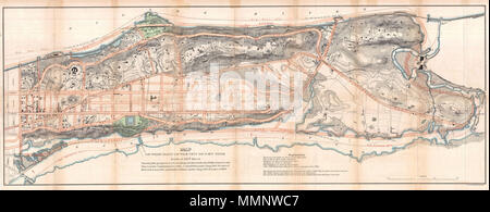 . Englisch: Eine seltene und ungewöhnliche Karte von Upper Manhattan, New York City, vorbereitet und für die Aufnahme in den 13. Jahresbericht des Vorstands der Kommissare der Central Park gedruckt. Zeigt die Insel Manhattan nördlich der 155. Straße einschließlich der Bezirke Inwood, Harlem und Washington Heights. Der Plan für viel von Manhattan, südlich von 155 Straße, wurde ursprünglich von John randel in seinem 1811 Karte der Stadt New York gelegt oder wie es sonst die "EU-Plan" bekannt. Diese Ambitionen Projekt verwandelt fast 12.000 Hektar Wildnis in einen massiven städtischen Netz. Noneth Stockfoto