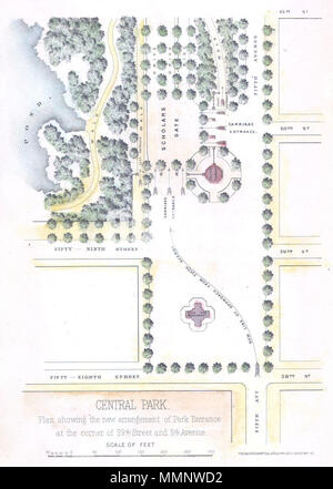 . Englisch: Eine ungewöhnliche kleine Karte von der südöstlichen Ecke von New Yorks Central Park. Zeigt ab 61. Straße südlich der Kreuzung der 58th Street und 5th Avenue. Zeigt die geplanten Ornamentik und Umleitung des Verkehrs der park Laufwerke unterzubringen. Zeigt den Uhrturm, die dann vorgeschlagenen Denkmal, das nun vor der ehemaligen Plaza Hotel und Bergdorf Goodman sitzt. Stellt auch die Standorte von Bäumen, Teichen, und verschiedene Gehwege. Eine nette kleine Karte von einem der vornehmsten Teil von Manhattan, dem Grand Army Plaza. Diese Karte wurde für die Aufnahme in die 1869 13. jährliche Rep veröffentlicht. Stockfoto