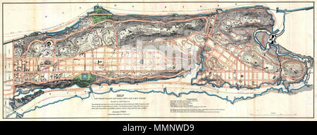 . Englisch: eine seltene und ungewöhnliche Karte von Upper Manhattan, New York City, vorbereitet und für die Aufnahme in die 1870 Dreizehnter Jahresbericht des Vorstands der Kommissare der Central Park gedruckt. Zeigt die Insel Manhattan nördlich der 155. Straße einschließlich der Bezirke Inwood, Harlem und Washington Heights. Der Plan für viel von Manhattan, südlich von 155 Straße, wurde ursprünglich von John randel in seinem 1811 Karte der Stadt New York gelegt oder wie es sonst die "Kommissar's Plan" bekannt. Diese Ambitionen Projekt verwandelt fast 12.000 Hektar Wildnis in einen massiven städtischen Netz. N Stockfoto