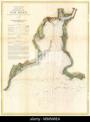 . Englisch: ein sehr attraktives Beispiel für die 1872 US-Küstenwache nautische Karte oder Karte von New Haven, Connecticut. Diese Karte deckt neue Hafen Hafen von der Stadt New Haven South so weit wie Oyster Point und Morgan's Point. Bietet außergewöhnliche Wenn inländisches Detail mit wichtigen Gebäude, Straßen begrenzt, und die Eigenschaft Linien dargestellt. Im Hafen selbst gibt es unzählige Tiefenangaben sowie Hinweise auf Riffe und Untiefen. Segeln Anweisungen erscheinen in der oberen linken Quadranten, unterhalb der Titelleiste. Das Ganze wurde unter der Leitung von Benjamin Peirce, Betriebsleiter der U produziert Stockfoto