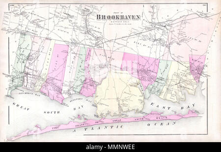 . Englisch: ein knappes Beispiel von Friedrich W. Beers Karte des südlichen Teils von Brookhaven, Long Island, New York. Im Jahr 1873 veröffentlichte, dieses herrliche Karte deckt Great South Bay und East Bay und entlang der Küste von Blue Point und Patchogue Bay ostwärts Vergangenheit Bellport, Smith, Moriches zu Faro. Abdeckungen Fire Island aus Watch Hill zum Swan Island, in dem die Häuser von John Smith, H.F. Osborne Gunning, G. Terry und S. Steuerparadiese. Landeinwärts erstreckt sich im Norden bis Middle Island, Coram Hill, Manorville und Calverton. Stellt die vorgeschlagene Route der Südseite Long Island Railroad. Dies ist Probabl Stockfoto