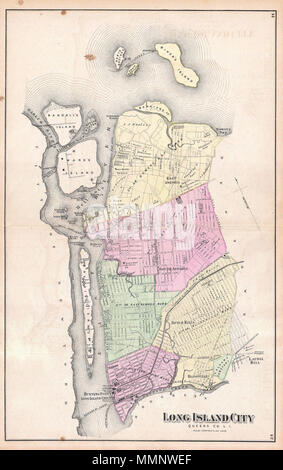 . Englisch: ein knappes Beispiel von Friedrich W. Beers Karte der Long Island City, Queens, New York. Im Jahr 1873 veröffentlicht. Abdeckungen von Jägern zeigen und Long Island City gegen Mitternacht vergangenen Ravenswood und Niederländische Tötet alle von Astoria zu gehören. Auch Blackwell's Island (Roosevelt Island), Hells Gate, Ward's Island, Randall's Island und Riker's Island. Detaillierte auf der Ebene der einzelnen Straßen und wichtigen Gebäuden. Listen Zustände und Eigenschaften in Astoria. Notiert Fährüberfahrten zwischen Long Island City und Astoria und die verschiedenen Inseln, einschließlich Manhattan. Detaillierte Pläne der Niederländischen tötet ein Stockfoto