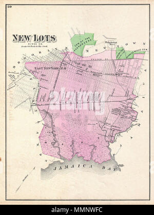 . Englisch: ein knappes Beispiel der Karte teile Fredrick W. Beers der Region neue Angebote, Brooklyn, New York City. Im Jahr 1873 veröffentlicht. Umfasst die Gemeinden East New York und Jamaica Bay - im Wesentlichen die Region zwischen Flachland und Jamaika. Detaillierte auf der Ebene der einzelnen Grundstücke und Gebäude mit Grundeigentümer festgestellt. Dies ist wahrscheinlich der beste Atlas Karte diese Brooklyn Gemeinschaften im 19. Jahrhundert zu erscheinen. Von Bieren, Comstock & Cline aus ihrem Büro an 36 Vesey Street, New York City, vorbereitet für die Aufnahme in die Erste veröffentlichte Atlas von Long Island, die 1873 Ausgabe von Atlas Stockfoto