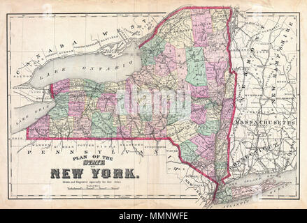 . Englisch: ein knappes Beispiel von Friedrich W. Beers Karte des Staates New York. Zustand ist aufgeschlüsselt nach Landkreisen nach Farbe dargestellt. Enthält Teile von Massachusetts, Connecticut, Vermont, New Hampshire und Maine, sowie den Lake Ontario, Lake Erie. Von Bieren, Comstock & Cline aus ihrem Büro an 36 Vesey Street, New York City, vorbereitet für die Aufnahme in die Erste veröffentlichte Atlas von Long Island, die 1873 Ausgabe des Atlas von Long Island, New York. Plan des Staates New York. 1873 (undatiert). 10 1873 Bier Karte von New York State-Geographicus-NewYork - Bier-1873 Stockfoto