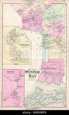 . Englisch: ein knappes Beispiel von Friedrich W. Beers Karte des südlichen Teils der Oyster Bay in Queens, New York. Im Jahr 1873 veröffentlicht. Grob von Jones Strand nach Norden so weit wie Jericho. Umfasst inset Pläne von Farmingdale und Jericho. Detaillierte auf die Ebene einzelner Gebäude und Liegenschaften mit Land-halter festgestellt. Dies ist wahrscheinlich der beste Atlas Karte des nördlichen Oyster Bay, Long Island, im 19. Jahrhundert zu erscheinen. Von Bieren, Comstock & Cline aus ihrem Büro an 36 Vesey Street, New York City, vorbereitet für die Aufnahme in die Erste veröffentlichte Atlas von Long Island, die 1873 Ausgabe des Atl Stockfoto
