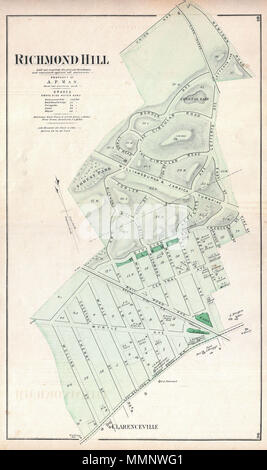 . Englisch: ein knappes Beispiel von Friedrich W. Beers Karte der Stadt Richmond, Queens, New York. Im Jahr 1873 veröffentlicht. Erstreckt sich in etwa von Clarenceville Norden zu Newtown Road. Detaillierte auf die Ebene einzelner Gebäude und Liegenschaften mit Grundeigentümer festgestellt. Richmond Hill war die Vision Albon S. Mann, ein erfolgreicher Banker, die lefferts und Welling Betriebe in 1868 gekauft. Albon vorgestellt Eine elegante geplante Gemeinschaft und dem Architekten und Landschaftsarchitekten Edward Richmond zu gestalten. Richmond Hill, wurde eine der ersten geplante Wohn- Gemeinschaften in Long Island. Dies ist wahrscheinlich der f Stockfoto