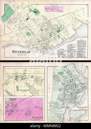 . Englisch: ein knappes Beispiel von Friedrich W. Beers Karte der Stadt Riverhead, Long Island, New York. Im Jahr 1873 veröffentlicht. Abdeckungen von Southampton und die peconic Fluss nach Norden so weit wie Messe und St John's Kirche. Verso Angebote Stadt Pläne der Southold, Mattituck und Greenport, mit einem Einsatz von AUFFÄCHERN. Detaillierte auf die Ebene einzelner Gebäude und Liegenschaften mit Grundeigentümer festgestellt. Dies ist wahrscheinlich der beste Atlas Karte der Stadt Riverhead, Long Island, im 19. Jahrhundert zu erscheinen. Von Bieren, Comstock & Cline aus ihrem Büro an 36 Vesey Street, New York vorbereitet Stockfoto