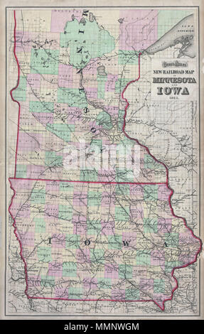 . Englisch: Hierbei handelt es sich um die Grau gelegentlich Eisenbahn Karte von Minnesota und Iowa, datiert 1873. Deckt den Bereich ausführlich mit besonderem Augenmerk auf die Eisenbahnlinien, die schnell gebaut wurden, wird diese Entwicklung von Region zu beherbergen. Unterteilt und Farbe nach Grafschaften codiert. Urheberrechtlich geschützt," laut Gesetz des Kongresses im Jahr 1873 von G.w. und C.B. Colton und Co. im Büro der Bibliothekar des Kongresses in Washington. Gray's Atlas neue Eisenbahn Karte von Minnesota und Iowa 1873.. 1873 (veraltet). 10 1873 Grau Eisenbahn Karte von Minnesota und Iowa - Geographicus - MNIA-Grau-1873 Stockfoto