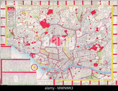 . Englisch: Diese außergewöhnliche Karte ist eine handkolorierte Meiji-periode Holzschnitt Darstellung von Tokio. Im späten 19. Jahrhundert Japanischer Holzschnitt Stil produziert, diese Karte ist eine seltene Kombination von praktischen und dekorativen. Bietet eine Fülle von Informationen aus dem Holzschnitt Gravuren der Landschaft, Städte und Orte, um praktische geographische, physische und politische Informationen. Lebendige hand Farbe. Ein schönes Beispiel von der Meiji Periode der japanischen Kartographie. Tokio. 1880. 10 1880 japanischen Meiji Holzschnitt Karte von Tokyo (EDO)-Geographicus - Tokio - meiji-1880 Stockfoto