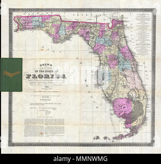 . Englisch: Eine äußerst knappe und wichtige Karte von Florida von Horace zog im Jahre 1884 gezeichnet. Diese sehr seltene Karte, die früheste bekannte Beispiel dafür wurde im Jahr 1867 erteilt, gilt als die nur Tasche Karte von Florida in Florida tatsächlich gedruckt. Die erste Ausgabe dieser Karte wurde vom Columbus zog aus seiner Büros in Jacksonville Florida gedruckt und anschließend in eine unbekannte Anzahl von Ausgaben in den 1880er Jahren aktualisiert. Dieses Beispiel wurde von Horace zeichnete, Sohn und Nachfolger von Columbus gedruckt. Es spiegelt die rasche und hoffnungsvolle Entwicklung von Florida durch die Mitte und Ende des 19. Jahrhunderts, mit Stockfoto