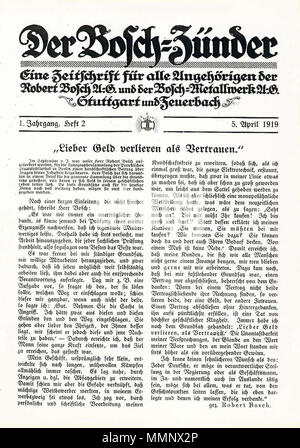 . Englisch: 1918, Robert Bosch wurde von preußischen Bibliothek in Berlin gebeten, einen Beitrag für die Autographensammlung zu machen, indem über seine Branche schreiben. Er schrieb diesen Brief, ein Jahr später in die Mitarbeiter Amtsblatt der Robert Bosch AG veröffentlicht. . 15. Oktober 2011. Die Robert Bosch 12 19190405-der-Bosch-zuender Stockfoto