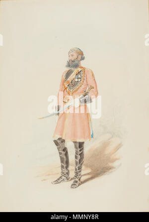 . Englisch: ein Aquarell und Bleistift Portrait einer jemadar (ein natives subaltern Officer). Er trägt einen langen Mantel bekannt als ein alkaluk, der Sutlej Kampagne Medaille, für die 1 Sikh Krieg von 1845-46, und einer der beiden Sterne für die Gwalior Kampagne im Jahr 1843 gegeben. Unten rechts: C.Grant/auf dem Irrawaddy/Octr 1855 460 von 345 mm unterzeichnet; 18 von 13 cm. . 1855. Colesworthey Grant (1813-1880) Alternative Namen Colesworthy Grant Beschreibung englischer Künstler, Schriftsteller und Aktivist für die Rechte der Tiere Datum der Geburt / Tod 25. Oktober 1813 31. Mai 1880 Behörde: Q 34634077 30102235 VIAF:? Stockfoto