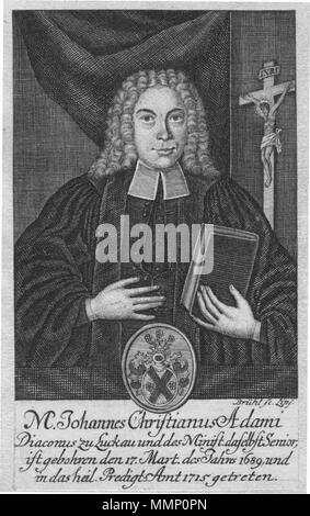 . Johann Christian Adami (1689-1753), Kupferstich, Bild: 144 x 85 mm M[agister] Johannes Christianus Adami Diaconus zu Luckau und des Minist [erii] daselbst Senior, ist gebohren den 17. Mart. des Jahres 1689, und in das Heil. Predigt-Amt 1715 getreten. . Vor 1763. [Johann Benjamin] Brühl sc. Lippen [iae] (1691-1763) (Stecher) Johann Benjamin Brühl (1691-) Alternative Namen Johann Benjamin Bruehl Beschreibung deutscher Graveur Geburtsdatum / Tod 1691 1763/ 12. Mai 1763 Ort der Geburt / Todes Leipzig Arbeit Standort Leipzig Authority control: Q 17482353 69202969 ISNI VIAF:?:? 0000 0001 2027 Stockfoto