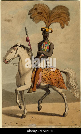 . Englisch: Afrikanische montiert Soldat, c 1820 farbige Aquatinta Publikation / Kreation: c 1820 Künstler und Mitwirkende: Hutton, W., fl. c 1821 (Künstler) Clark, I., fl. c 1824 (Künstler) Beschreibung: Physische Beschreibung: 1 Aquatinta, 16,5 x 10,4 cm. Abstract: Hand-col. aquatinta von I. Clark nach Hutton; montiert Abbildung in milit. Kostüm mit großen gefiederten Kopf - Kleid, Speer, Reiten nach links. Rufnummer: AfP 1820 SF-1 (braun Bitten.) Allgemeine Hinweise: Kleine aufrecht 8 vo, verfilzt. Die Margen stark getrimmt; leicht verschmutzt. Titel von Cataloger'. Sonstige Hinweise: Lon Stockfoto