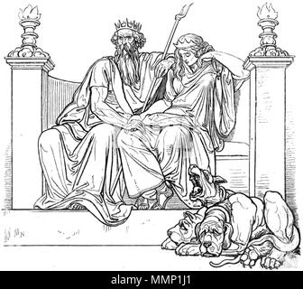 . Aidoneus - Hades (Pluto) & Persephone (Proserpina) & Zerberus (Kerberos) English: Als König der Unterwelt thront in düsterer Majestät Hades, den Gesang des Orpheus um Eurydike hörend, und neben ihm seine Gemahlin Persephone, um welche ein melanchonisches Schweigen herrscht. Aus einem Freskobild der Glyptothek in München. Englisch: Hades (Pluto) dargestellt sitzen auf der linken Seite hält ein bident in seiner linken Hand, neben Persephone (Proserpina), mit Zerberus (Kerberos) unter 30 Aidoneus&Amp sitzt; Persephone Stockfoto